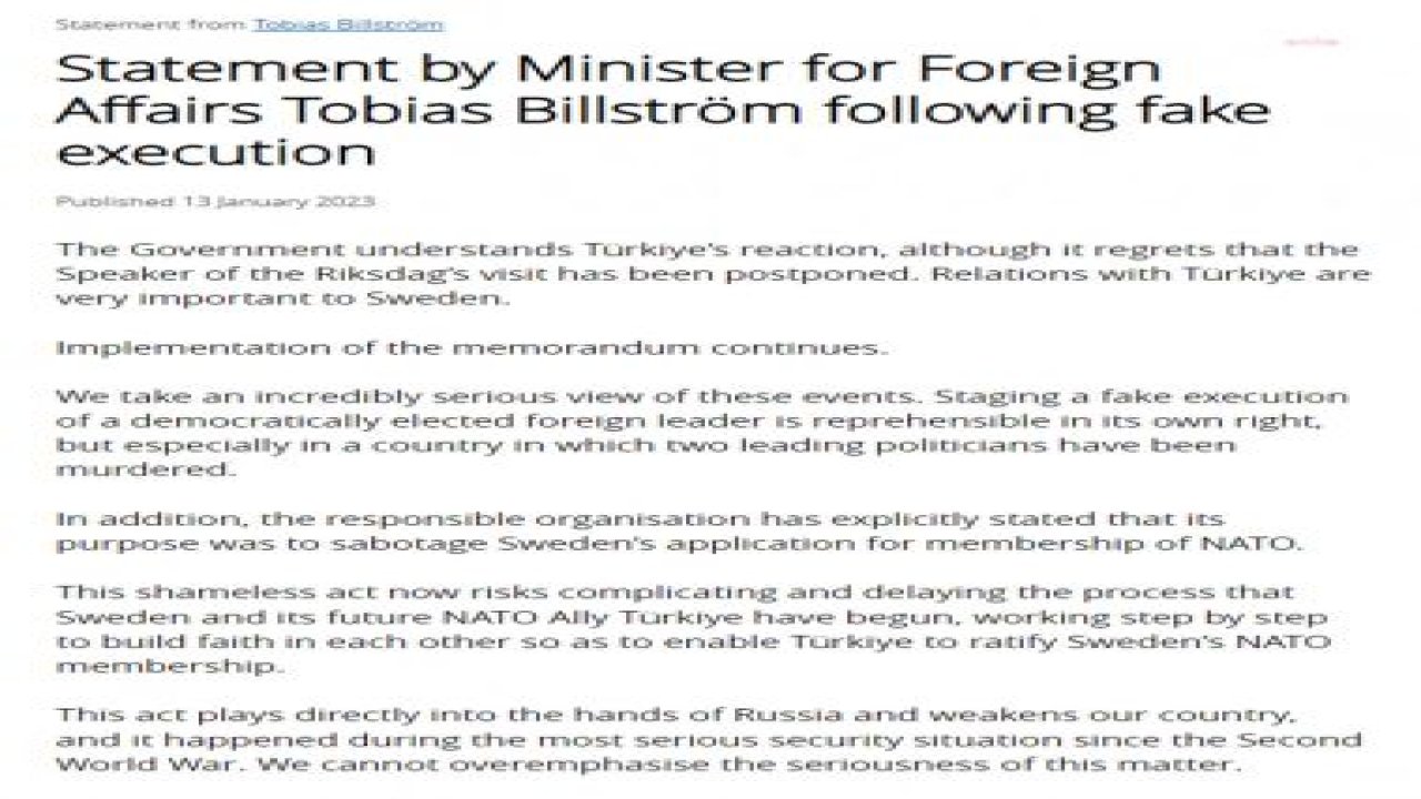 TOBIAS BILLSTROM: "BU KEPAZE HAREKET, İSVEÇ VE GELECEK NATO MÜTTEFİKİ TÜRKİYE’NİN BAŞLATTIKLARI SÜRECİ ZORLAŞTIRMA VE GECİKTİRME RİSKİNİ BARINDIRIYOR"