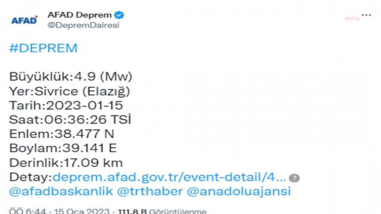 ELAZIĞ’DA 4.9 BÜYÜKLÜĞÜNDE DEPREM OLDU