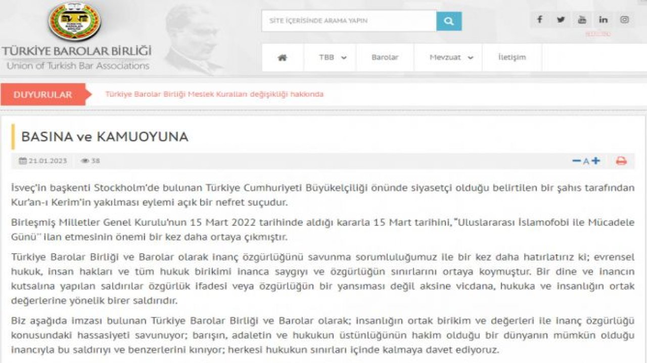 TÜRKİYE BAROLAR BİRLİĞİ’NDEN İSVEÇ’TE KUR’AN-I KERİM YAKILMASINA TEPKİ: SİYASETÇİ OLDUĞU BELİRTİLEN BİR ŞAHIS TARAFINDAN KUR’AN-I KERİM’İN YAKILMASI EYLEMİ AÇIK BİR NEFRET SUÇUDUR