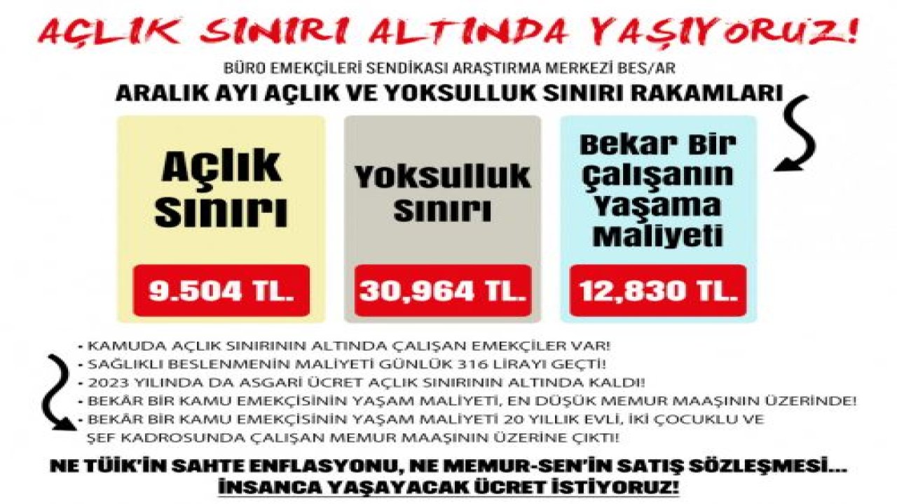 BES/AR’IN ARAŞTIRMASINA GÖRE, ARALIK AYINDA AÇIKLANAN ASGARİ ÜCRET, AÇLIK SINIRININ 998 TL ALTINDA KALDI