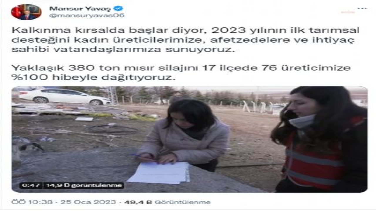 ABB, KADIN BECİLERE MISIR SİLAJI DESTEĞİNE BAŞLADI… MANSUR YAVAŞ: "KALKINMA KIRSALDA BAŞLAR DİYOR, YAKLAŞIK 380 TON MISIR SİLAJINI, 17 İLÇEDE 76 ÜRETİCİMİZE YÜZDE 100 HİBEYLE DAĞITIYORUZ"