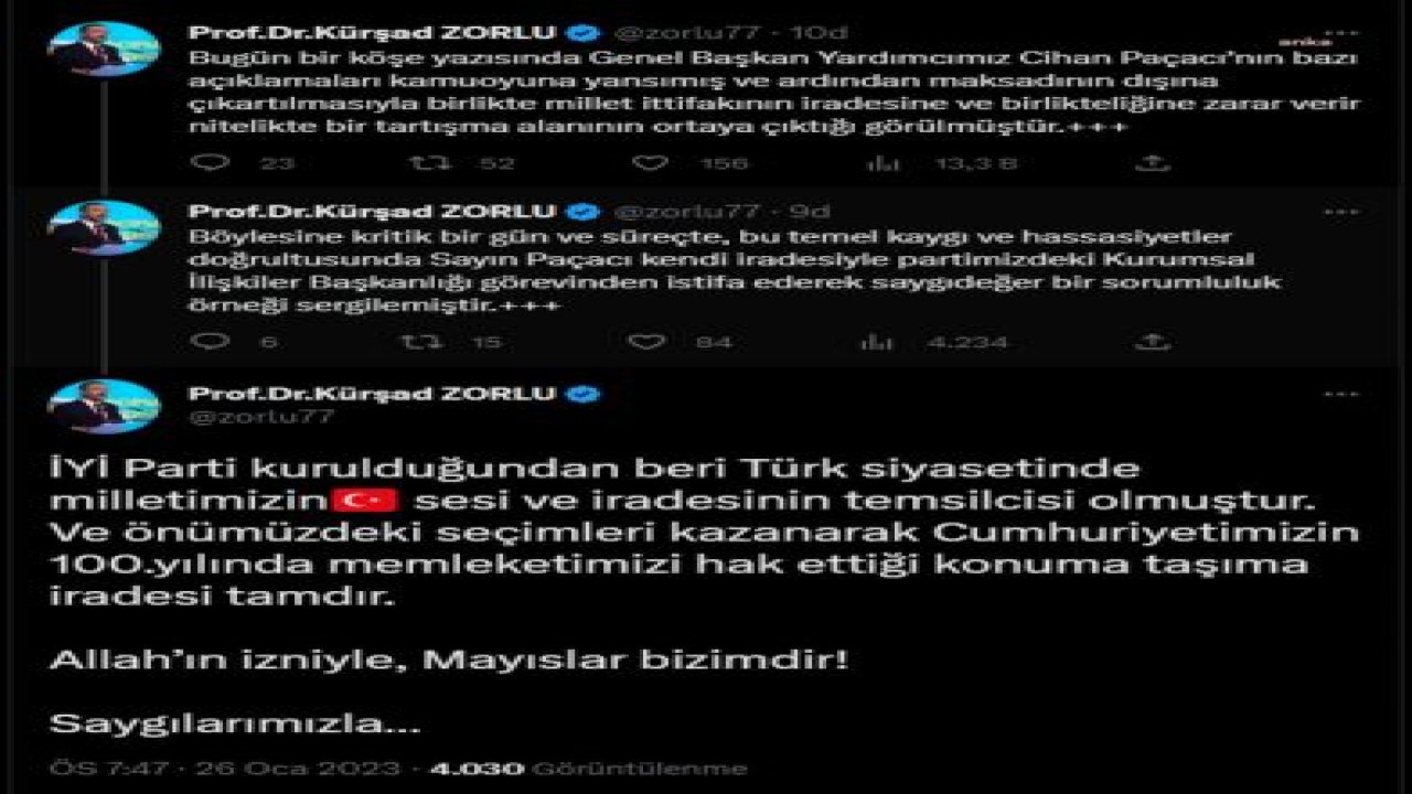 KÜRŞAD ZORLU: “SAYIN PAÇACI KENDİ İRADESİYLE PARTİMİZDEKİ KURUMSAL İLİŞKİLER BAŞKANLIĞI GÖREVİNDEN İSTİFA EDEREK SAYGIDEĞER BİR SORUMLULUK ÖRNEĞİ SERGİLEMİŞTİR”