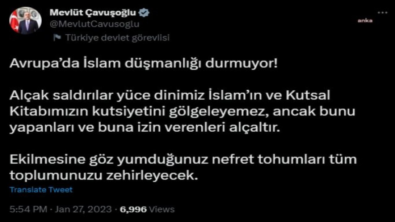 DIŞİŞLERİ BAKANLIĞI: İSVEÇ’TE KUR’AN-I KERİM’E KARŞI GERÇEKLEŞTİRİLEN NEFRET SUÇUNUN DANİMARKA’DA AYNI İSLAM DÜŞMANI ŞARLATAN TARAFINDAN TEKRAR İŞLENMESİNE İZİN VERİLMESİNİ EN GÜÇLÜ ŞEKİLDE LANETLİYORUZ