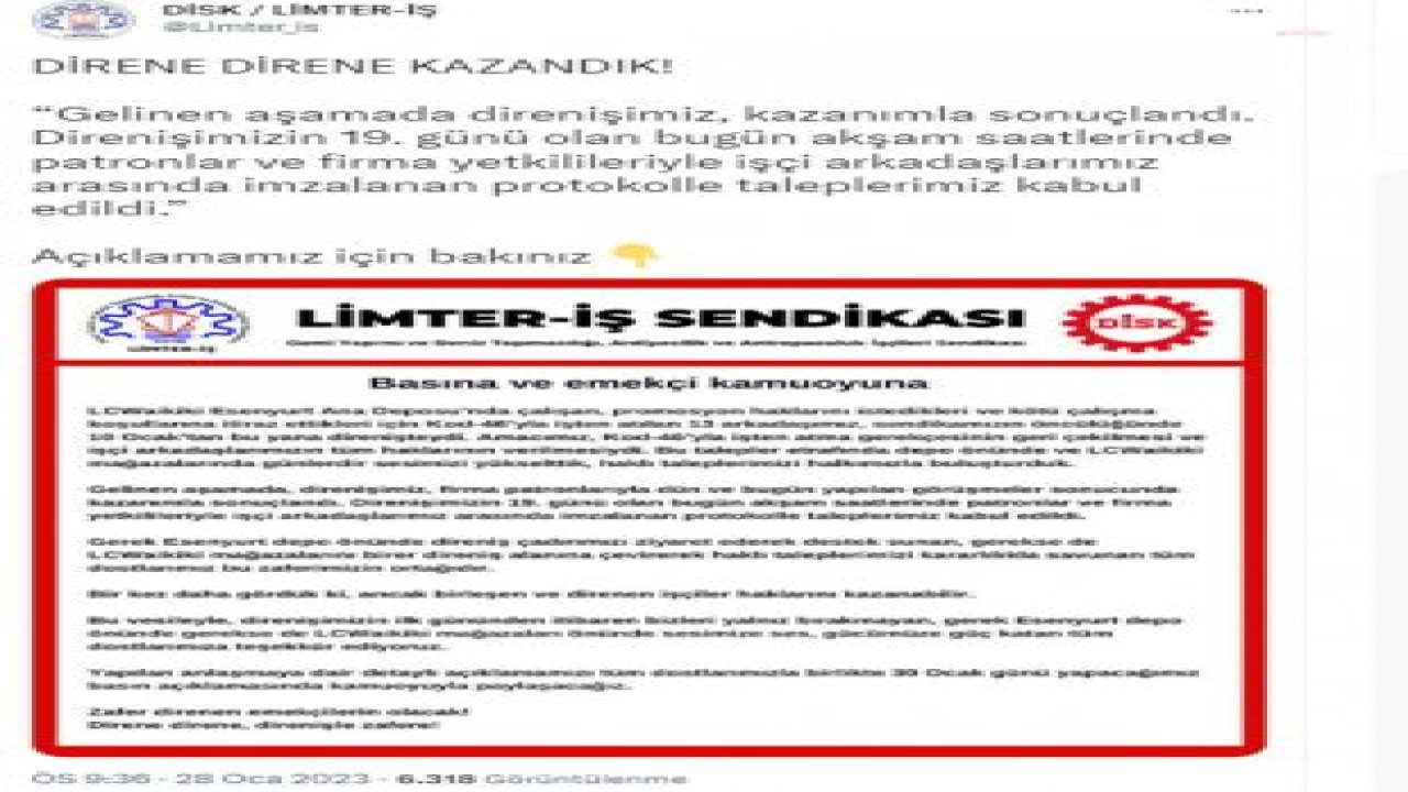 LC WAİKİKİ DEPO İŞÇİLERİNİN TALEPLERİ KABUL EDİLDİ… LİMTER-İŞ SENDİKASI: “DİRENİŞİMİZ, FİRMA PATRONLARIYLA YAPILAN GÖRÜŞMELER SONUCUNDA KAZANIMLA SONUÇLANDI”