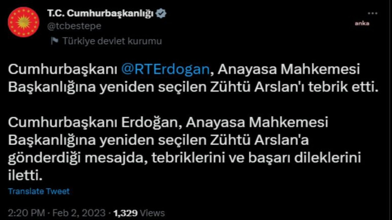 CUMHURBAŞKANI ERDOĞAN, ANAYASA MAHKEMESİ BAŞKANLIĞI’NA YENİDEN SEÇİLEN ARSLAN’I TEBRİK ETTİ