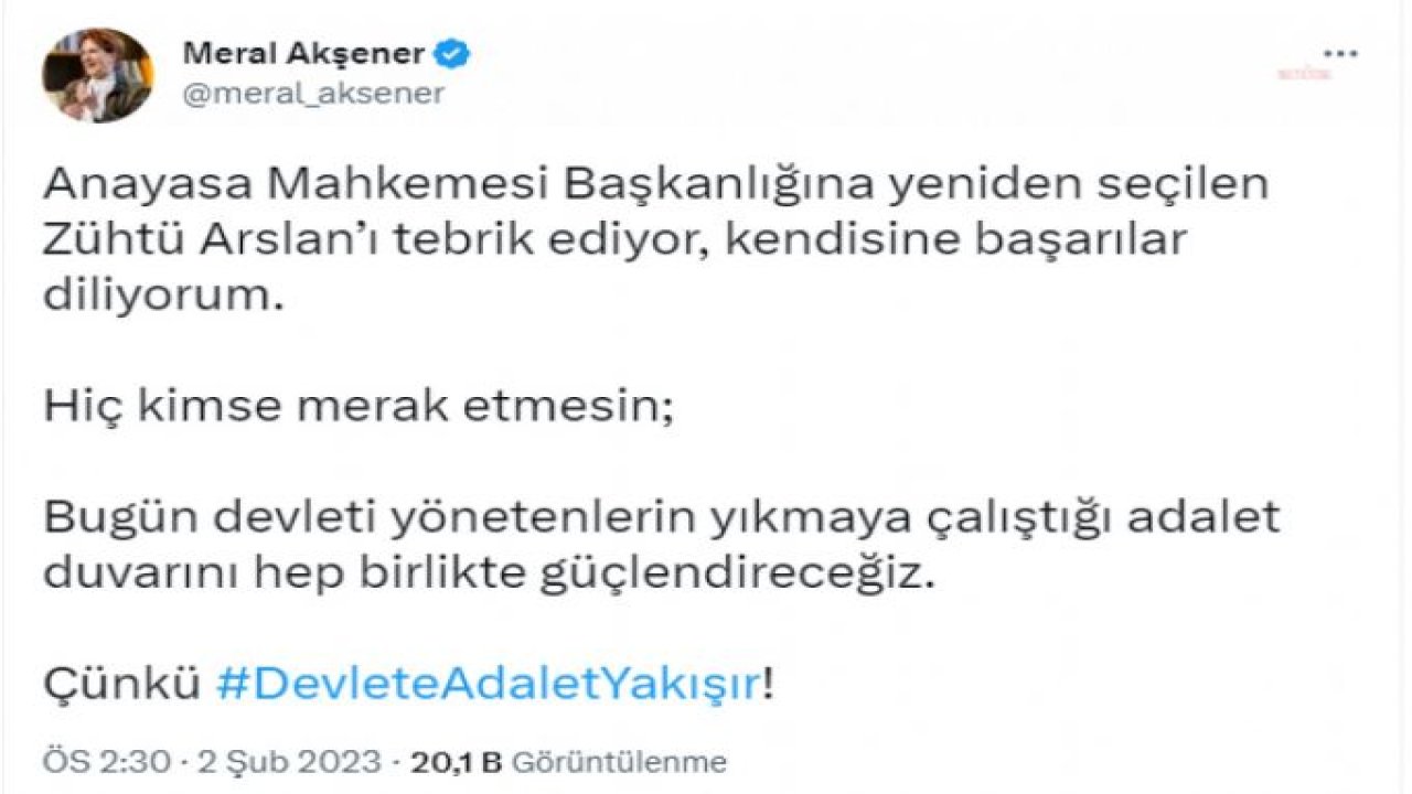 AKŞENER, AYM BAŞKANI ZÜHTÜ ARSLAN’I TEBRİK ETTİ