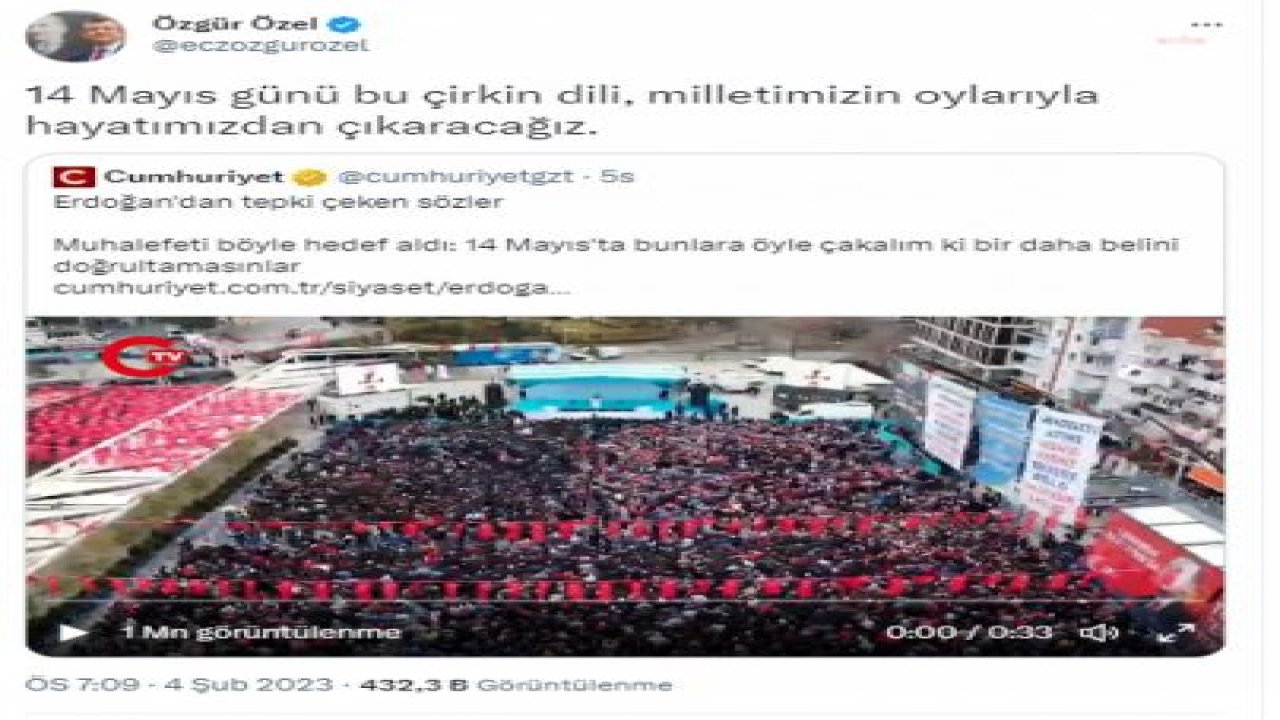 ÖZGÜR ÖZEL’DEN ERDOĞAN’IN SÖZLERİNE TEPKİ: “14 MAYIS GÜNÜ BU ÇİRKİN DİLİ, MİLLETİMİZİN OYLARIYLA HAYATIMIZDAN ÇIKARACAĞIZ”