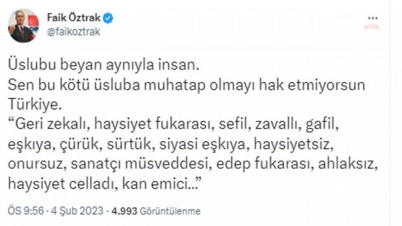 FAİK ÖZTRAK: “ÜSLUBU BEYAN AYNIYLA İNSAN. SEN BU KÖTÜ ÜSLUBA MUHATAP OLMAYI HAK ETMİYORSUN TÜRKİYE”