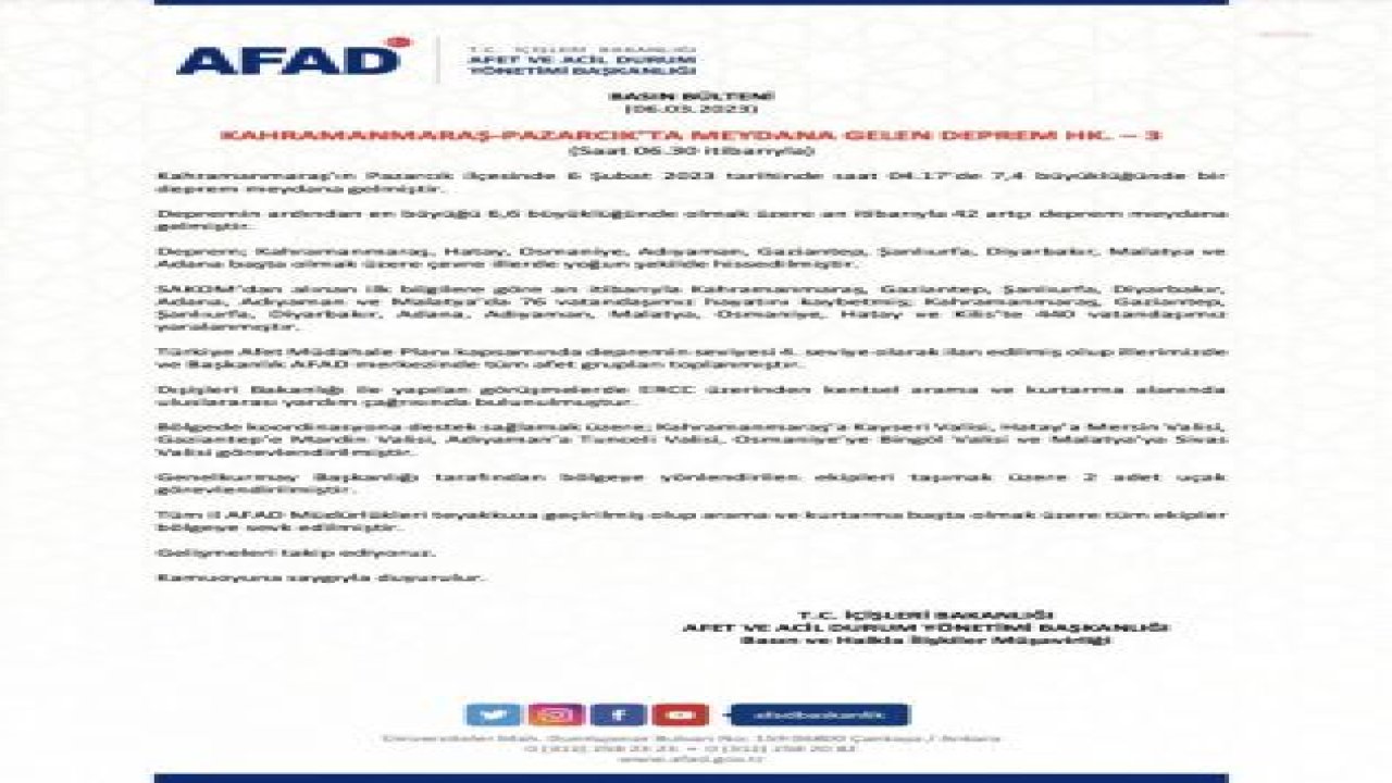 10 İLDE, 7,4 BÜYÜKLÜĞÜNDE DEPREM... AFAD: 76 VATANDAŞIMIZ HAYATINI KAYBETMİŞ; KAHRAMANMARAŞ, GAZİANTEP, ŞANLIURFA, DİYARBAKIR, ADANA, ADIYAMAN, MALATYA, OSMANİYE, HATAY VE KİLİS’TE 440 VATANDAŞIMIZ YARALANMIŞTIR