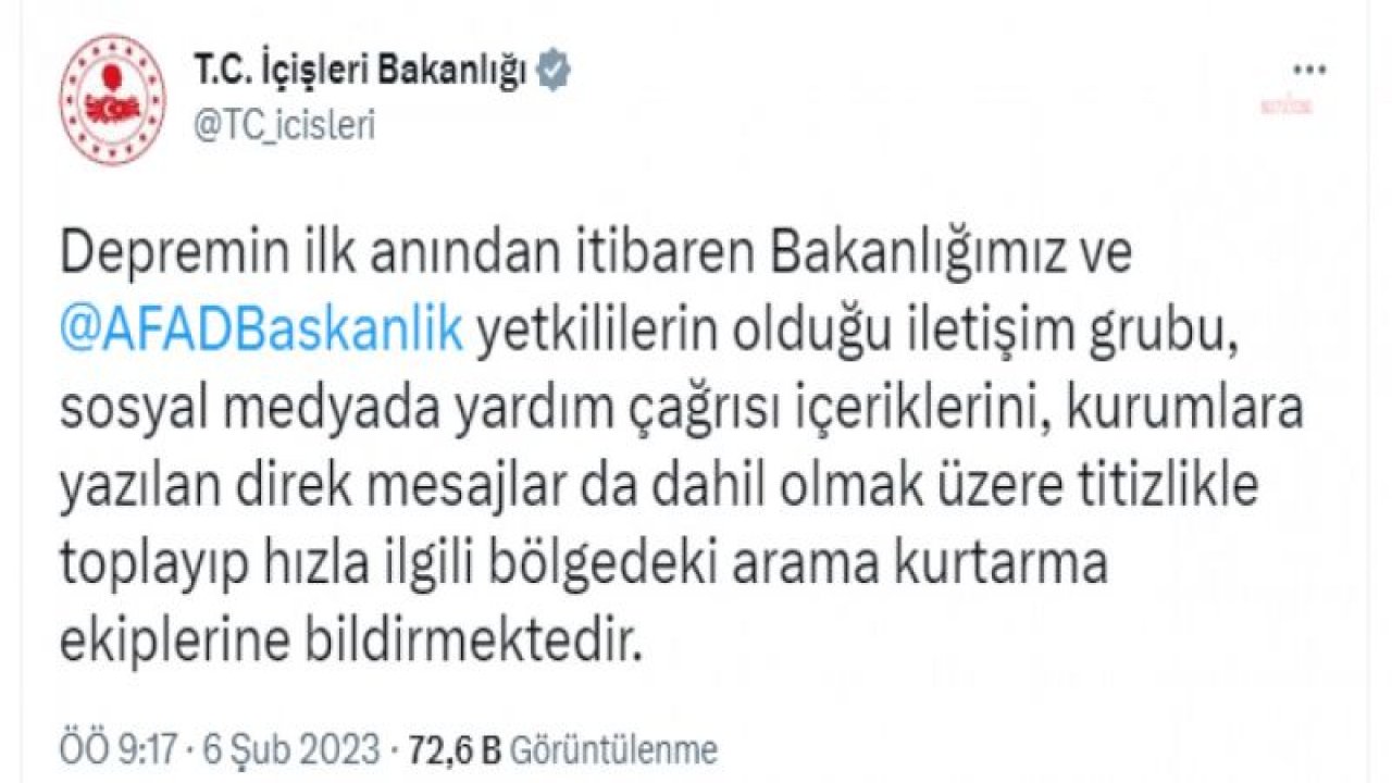 7,4 BÜYÜKLÜĞÜNDEKİ DEPREM 10 İLİ VURDU…  İÇİŞLERİ BAKANLIĞI: “BAKANLIĞIMIZ VE AFAD YETKİLİLERİ SOSYAL MEDYADA YARDIM ÇAĞRISI İÇERİKLERİNİ TİTİZLİKLE TOPLAYIP BÖLGEDEKİ ARAMA KURTARMA EKİPLERİNE BİLDİRMEKTEDİR”