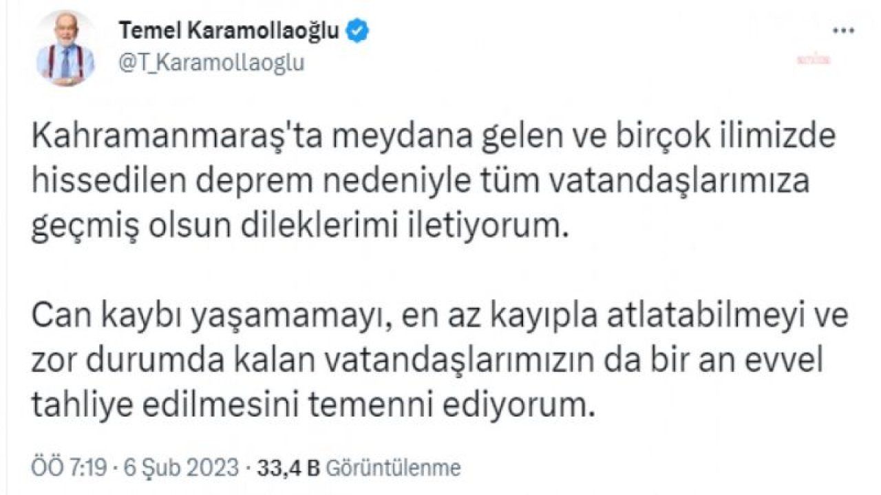 KARAMOLLAOĞLU: “DEPREM NEDENİYLE TÜM VATANDAŞLARIMIZA GEÇMİŞ OLSUN DİLEKLERİMİ İLETİYORUM”