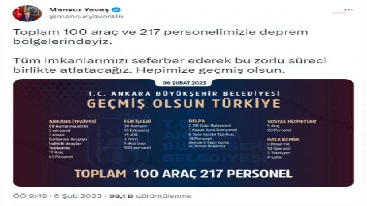 7,4 BÜYÜKLÜĞÜNDEKİ DEPREM 10 İLİ VURDU… MANSUR YAVAŞ: “TOPLAM 100 ARAÇ VE 217 PERSONELİMİZLE DEPREM BÖLGELERİNDEYİZ. BU ZORLU SÜRECİ BİRLİKTE ATLATACAĞIZ”