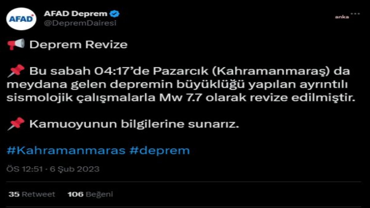 AFAD, DEPREMİN BÜYÜKLÜĞÜNÜ 7,7 OLARAK REVİZE ETTİ