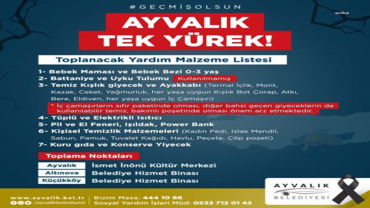 BALIKESİR AYVALIK BELEDİYESİ’NDEN DEPREMZEDELER İÇİN YARDIM KAMPANYASI