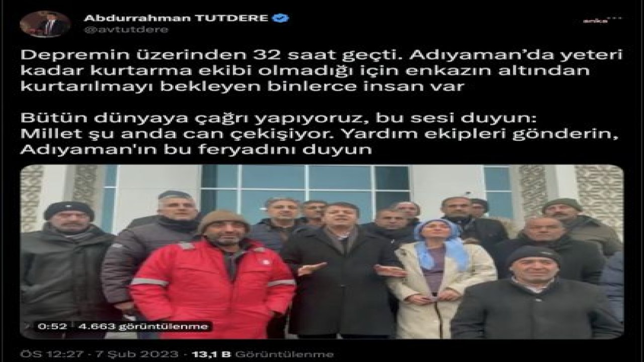 7,7 BÜYÜKLÜĞÜNDEKİ DEPREM 10 İLİ VURDU… ABDURRAHMAN TUTDERE, "ÇOCUKLAR AÇLIKLA VE SOĞUKLA KARŞI KARŞIYA, TÜM TÜRKİYE'YE ÇAĞRI YAPIYORUZ, DUYUN BU SESİ"