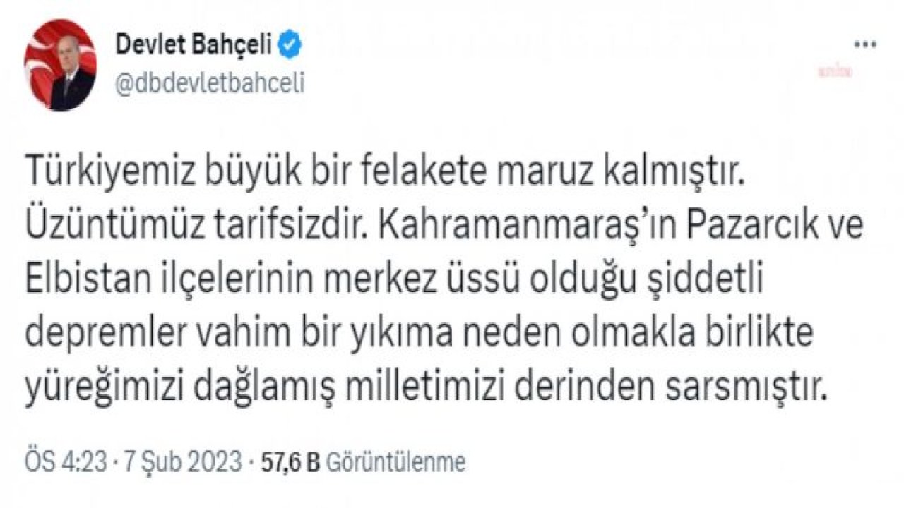 OHAL'İ DESTEKLEYEN DEVLET BAHÇELİ: ŞAHSIM ADINA DEPREMLE MÜCADELE KAPSAMINDA AFAD’A 1 MİLYON LİRALIK YARDIM YAPTIM