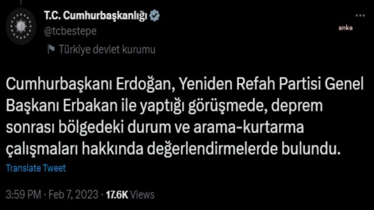 CUMHURBAŞKANI ERDOĞAN, YENİDEN REFAH PARTİSİ GENEL BAŞKANI ERBAKAN İLE GÖRÜŞTÜ