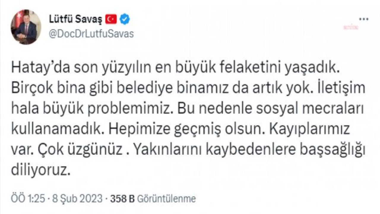 HATAY BÜYÜKŞEHİR BELEDİYE BAŞKANI SAVAŞ: “YARDIMLARIMIZ GELDİ. TEMEL İHTİYAÇLARI BUGÜN DAĞITACAĞIZ. HERKES MAHALLESİNDE BEKLESİN. ELİNDE PİKAP VE KÜÇÜK KAMYONETİ OLANLARI DESTEK DAĞITIMI İÇİN EXPO ALANINA BEKLİYORUZ”