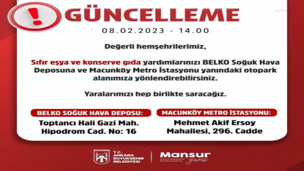 ABB’DEN DESTEK ÇAĞRISI: “SIFIR EŞYA VE GIDA YARDIMLARINIZI BELKO SOĞUK HAVA DEPOSU’NA VE MACUNKÖY METRO İSTASYONU YAKININDAKİ OTOPARK ALANIMIZA YÖNLENDİREBİLİRSİNİZ”