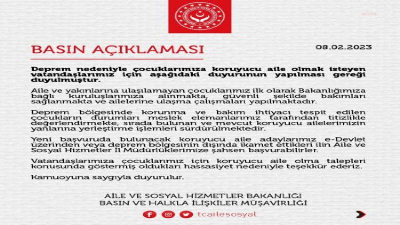 DEPREMZEDE ÇOCUKLARA 'KORUYUCU AİLE' OLMAK İSTEYENLER E-DEVLET ÜZERİNDEN BAŞVURU YAPABİLECEK