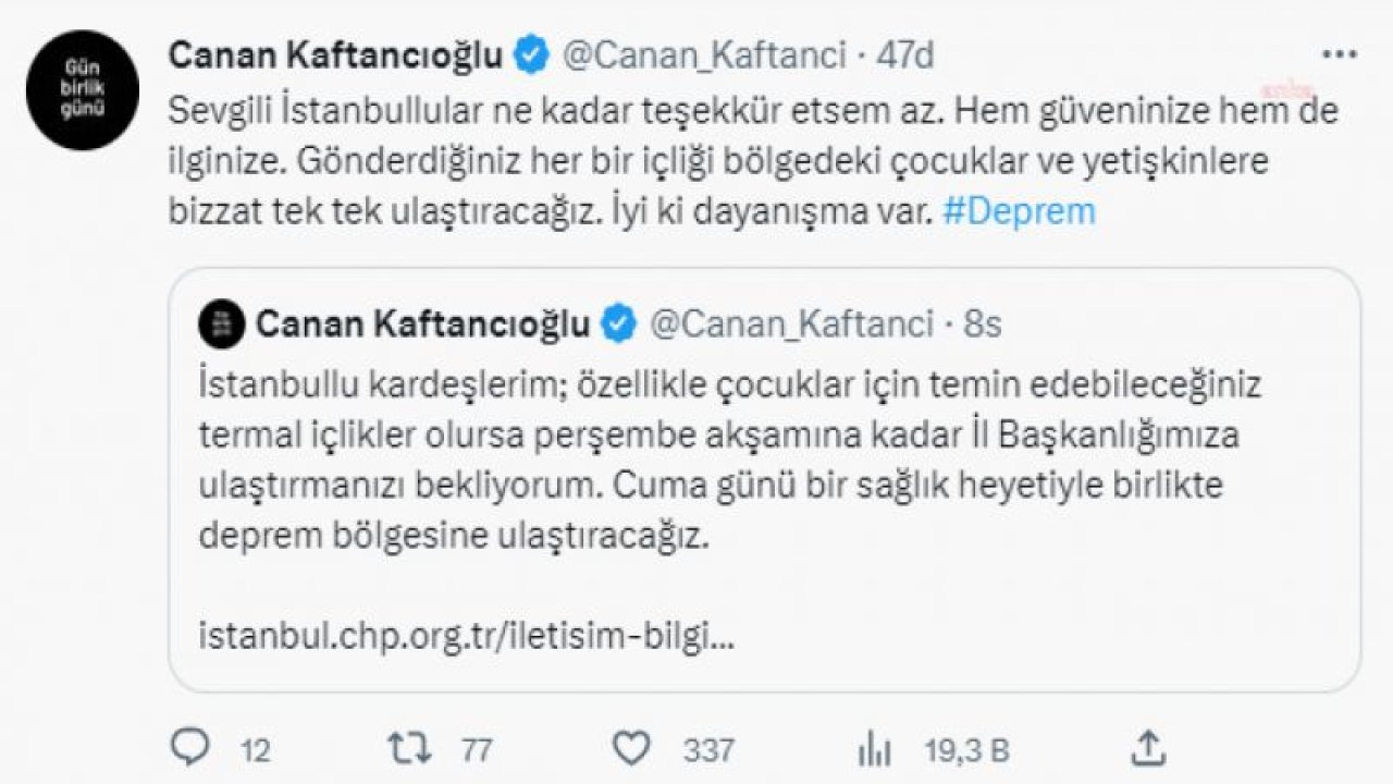 CHP İSTANBUL İL BAŞKANLIĞI, ADIYAMAN’A YARDIM TIR’I GÖNDERDİ. KAFTANCIOĞLU: “BÜROKRATİK ENGELLERİNİZ YAŞAM HAKKININ ÖNÜNE GEÇEMEZ, HEPİMİZİ TUTUKLAYIN GÜCÜNÜZ YETİYORSA”