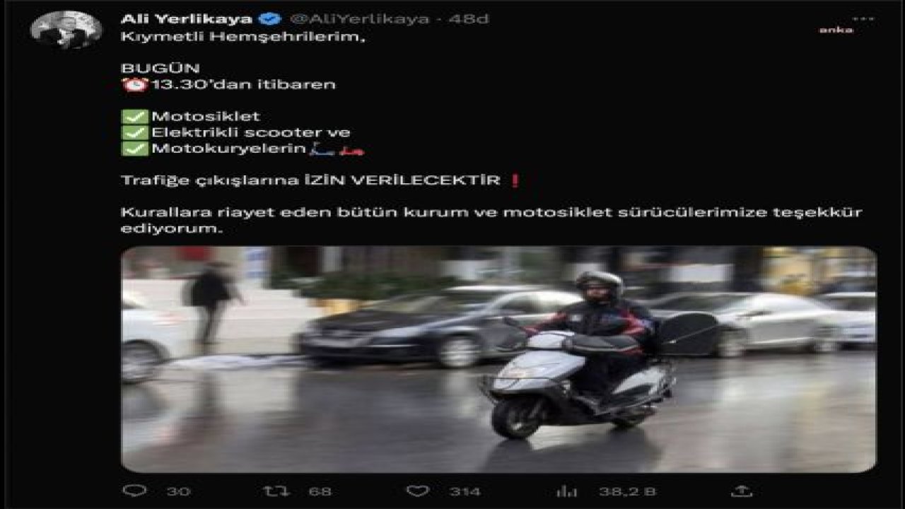 VALİ YERLİKAYA: MOTOSİKLET, ELEKTRİKLİ SCOOTER VE MOTOKURYELER BUGÜN SAAT 13.30’DAN İTİBAREN TRAFİĞE ÇIKABİLECEK