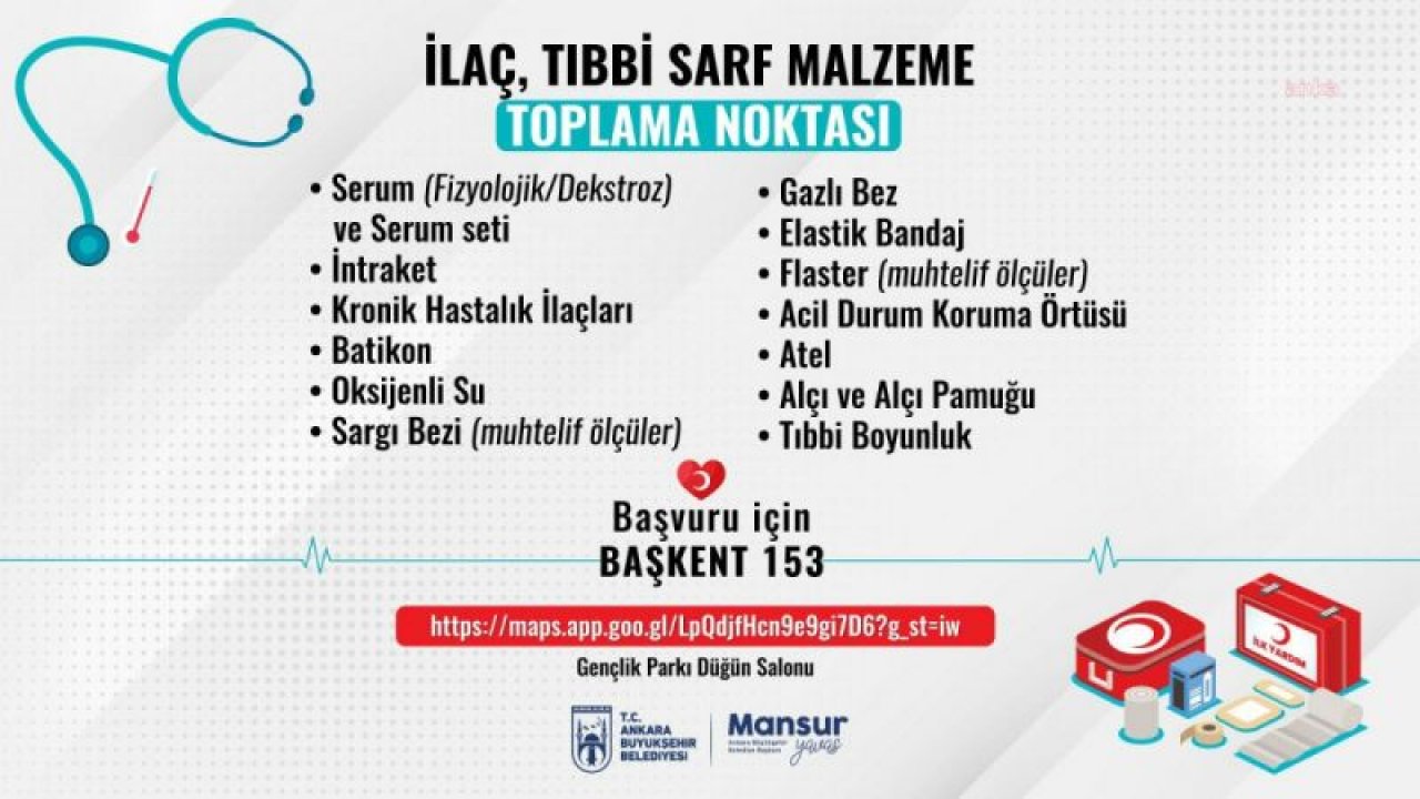 ANKARA BÜYÜKŞEHİR, DEPREMZEDELER İÇİN YENİ BİR KAMPANYA BAŞLATTI: İLAÇ VE TIBBİ SARF MALZEME TOPLANIYOR