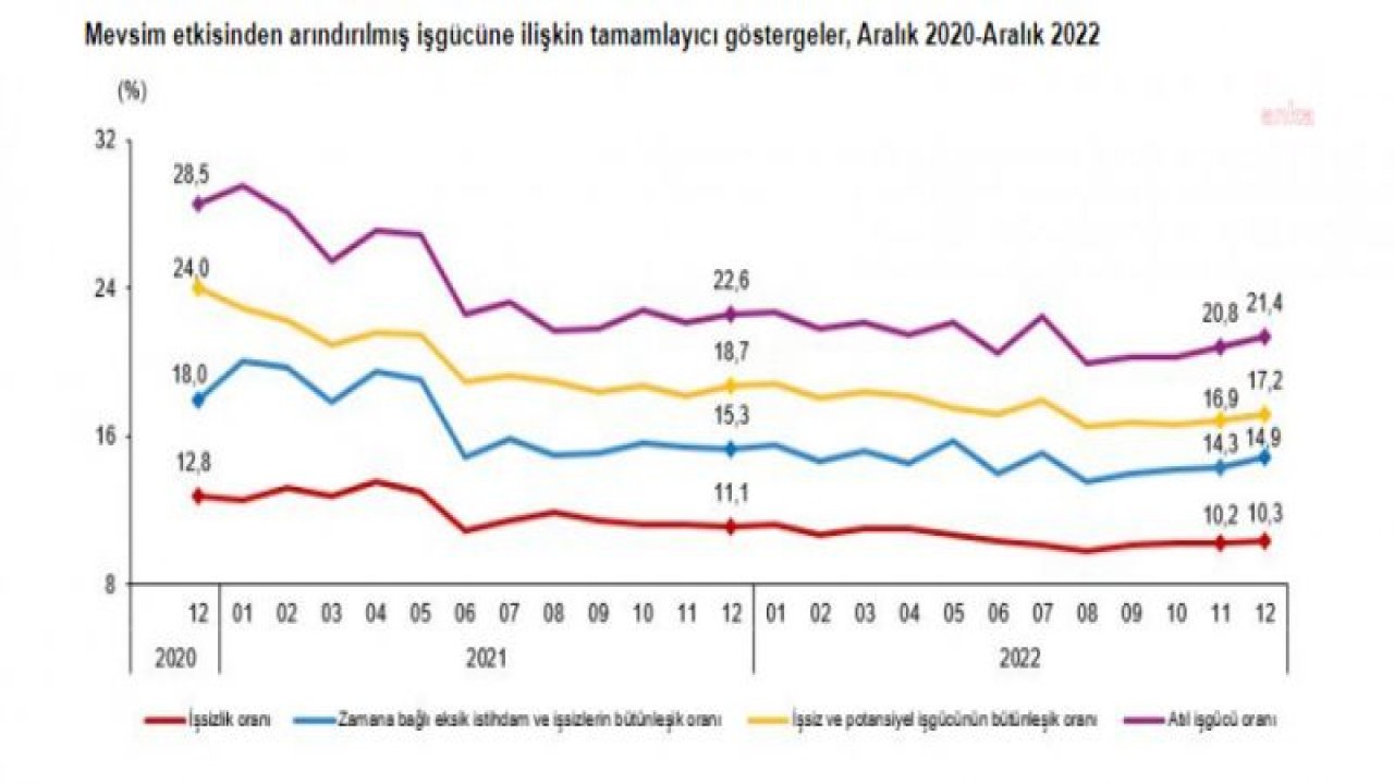 TÜİK: ARALIK AYINDA İŞSİZ SAYISI 3 MİLYON 633 BİN KİŞİYE YÜKSELDİ