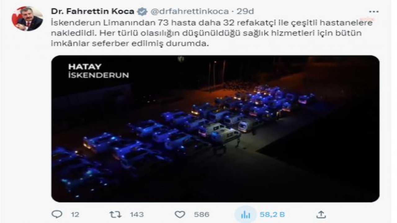 FAHRETTİN KOCA: AFET BÖLGESİNDE 9 BİN 11 DOKTOR VE SAĞLIK PERSONELİ GÖREVLENDİRİLMİŞTİR