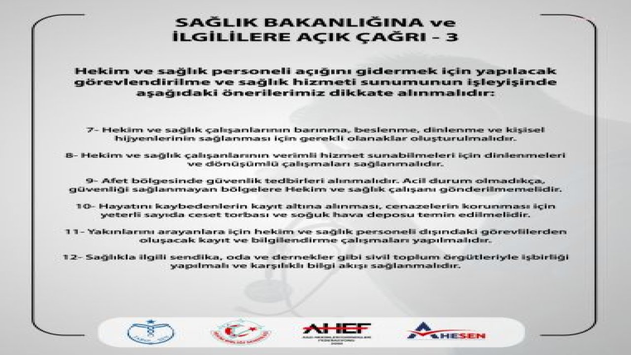 4 SAĞLIK MESLEK ÖRGÜTÜNDEN SAĞLIK BAKANLIĞI'NA ÇAĞRI: “AFETZEDE HEKİM VE SAĞLIK ÇALIŞANLARINA EN AZ 15 GÜNLÜK MAZERET İZNİ VERİLMELİ”