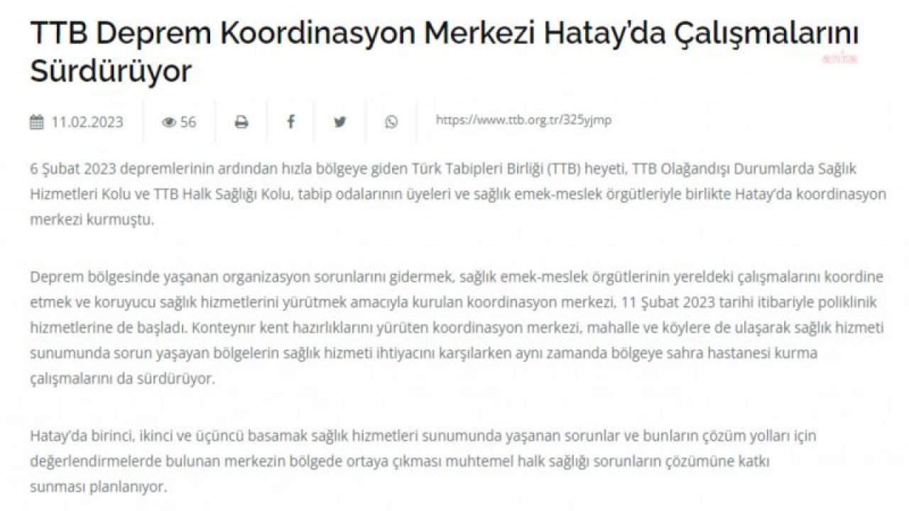 TTB DEPREM KOORDİNASYON MERKEZİ, HATAY’DA POLİKLİNİK HİZMETLERİNE BAŞLADI