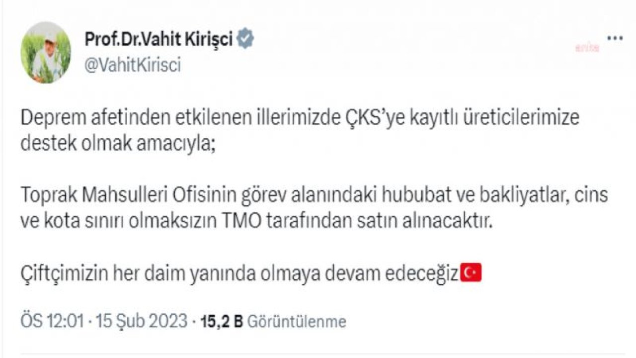 TMO, DEPREMDEN ETKİLENEN İLLERDE ÇKS'YE KAYITLI ÜRETİCİLERİN ÜRÜNLERİNİ LİSANSLI DEPOLARA KOTA SINIRI OLMADAN SATABİLECEKLERİNİ DUYURDU