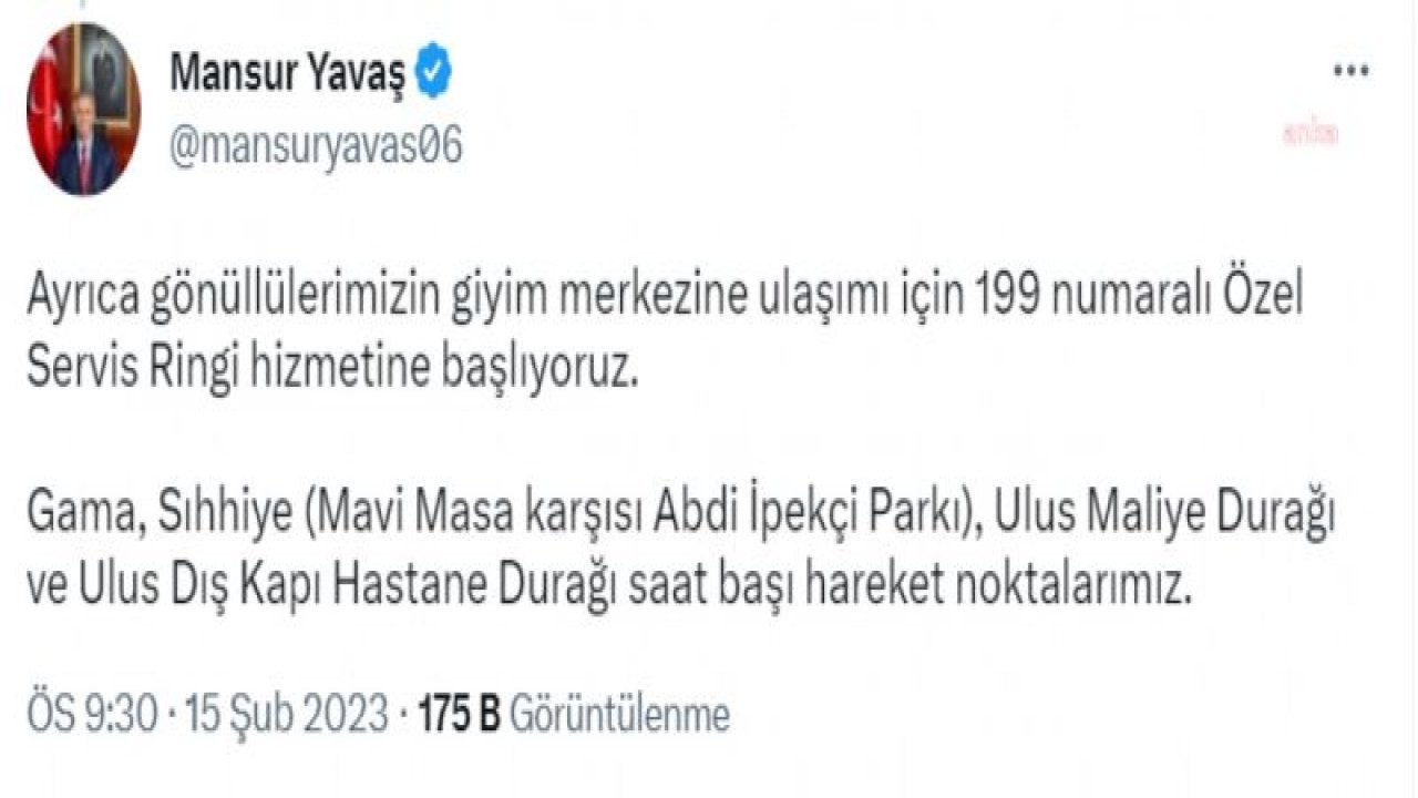 MANSUR YAVAŞ: YARIN BEŞ TOPLAMA MERKEZİ BELİRLEDİK. ÖNCELİKLİ MONT VE BOT OLMAK ÜZERE DESTEKLERİNİZİ BEKLİYORUZ. ÇALIŞMALARIMIZA FUAR ALANI'NDA GÖNÜLLÜ OLARAK DA DESTEK VEREBİLİRSİNİZ