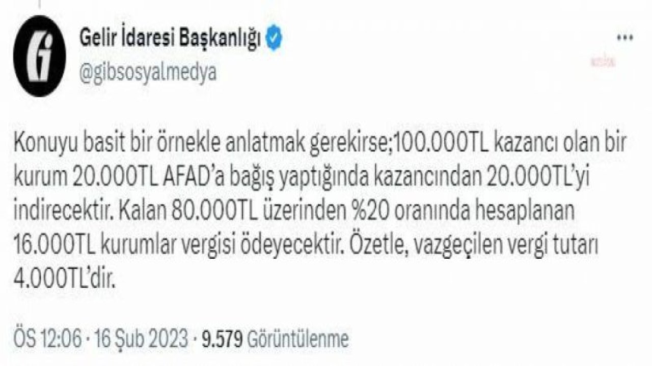 GELİR İDARESİ BAŞKANLIĞI: BAĞIŞ VE YARDIMLAR VERGİDEN DEĞİL, MATRAHTAN DÜŞÜLMEKTEDİR