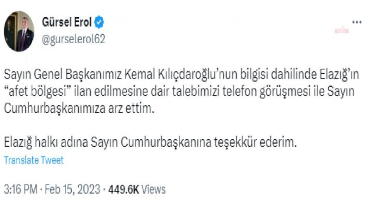 GÜRSEL EROL: "TUNCELİ VE BİNGÖL DEPREMİYLE İLGİLİ ÖNLEM ALINMAZSA YAŞANACAK BİR DEPREMDE ELAZIĞ'A DÜZENSİZ BÜYÜK BİR GÖÇ GELECEK"