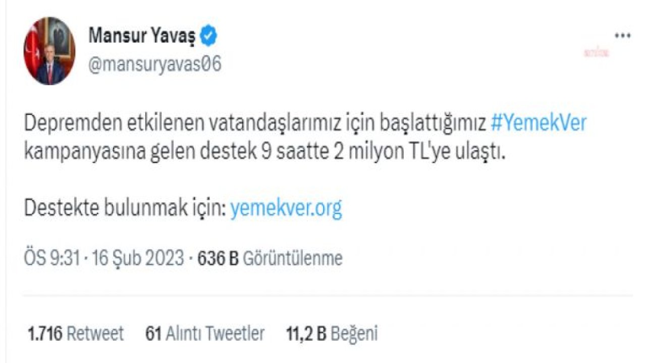 ANKARA BÜYÜKŞEHİR BELEDİYESİ’NİN ‘YEMEK VER’ KAMPANYASINA YOĞUN İLGİ: 24 SAAT DOLMADAN 4 MİLYON TL’DEN FAZLA DESTEK TOPLANDI