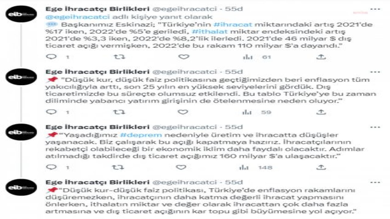 ESKİNAZİ: "DÜŞÜK KUR-DÜŞÜK FAİZ POLİTİKASI DIŞ TİCARET AÇIĞINI KAR TOPU GİBİ BÜYÜTÜYOR. BÖYLE GİDERSE DIŞ TİCARET AÇIĞI 160 MİLYAR DOLARA ÇIKACAK"