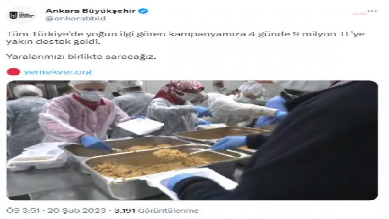 ANKARA BÜYÜKŞEHİR BELEDİYESİ’NİN ‘YEMEK VER’ KAMPANYASINA DESTEK 9 MİLYON TL’YE YAKLAŞTI