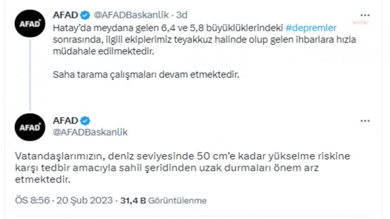 AFAD’DAN UYARI: “VATANDAŞLARIMIZIN, DENİZ SEVİYESİNDE 50 CM’E KADAR YÜKSELME RİSKİNE KARŞI TEDBİR AMACIYLA SAHİL ŞERİDİNDEN UZAK DURMALARI ÖNEM ARZ ETMEKTEDİR”