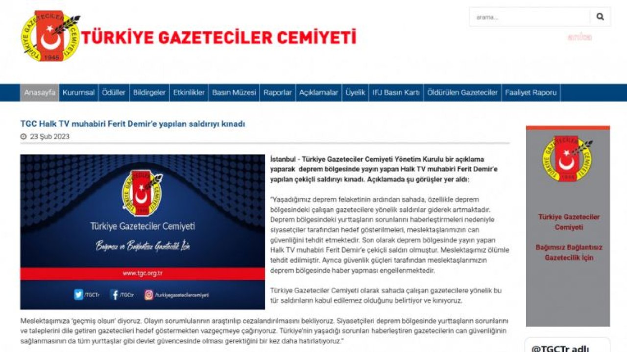 TGC: SİYASETÇİLERİ DEPREM BÖLGESİNDE YURTTAŞLARIN SORUNLARINI VE TALEPLERİNİ DİLE GETİREN GAZETECİLERİ HEDEF GÖSTERMEKTEN VAZGEÇMEYE ÇAĞIRIYORUZ