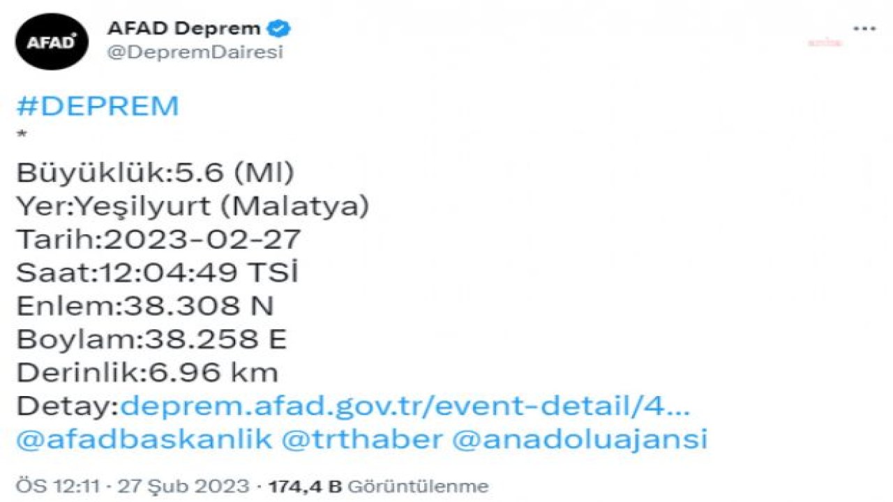 MALATYA’DA 5.6 BÜYÜKLÜĞÜNDE DEPREM OLDU