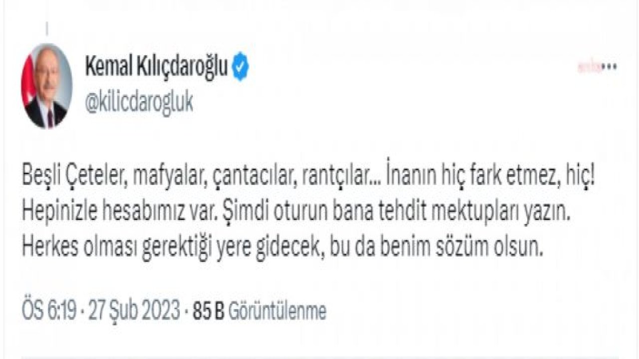 KILIÇDAROĞLU: “HERKESİN SAFI NETLEŞSİN. DEPREMDE CANLA BAŞLA MÜCADELE EDEN GENÇLERDEN Mİ YANASINIZ, YOKSA SOSYAL MEDYADAN TEHDİT MESAJLARI YAYINLAYANLARDAN MI?”