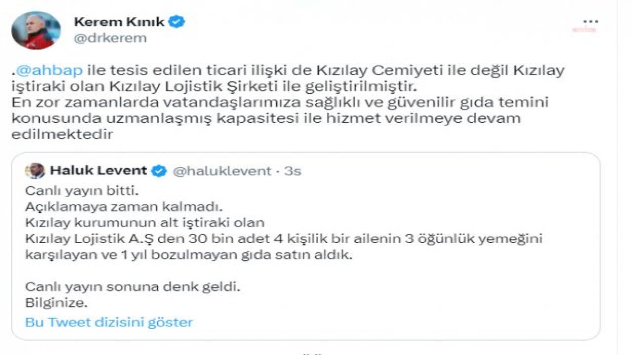 HALUK LEVENT: KIZILAY LOJİSTİK AŞ'DEN 30 BİN ADET BOZULMAYAN GIDA SATIN ALDIK