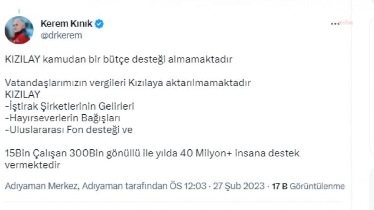 KIZILAY GENEL BAŞKANI KEREM KINIK: AHBAP İLE TESİS EDİLEN TİCARİ İLİŞKİ, KIZILAY CEMİYETİ İLE DEĞİL, KIZILAY İŞTİRAKİ OLAN KIZILAY LOJİSTİK ŞİRKETİ İLE GELİŞTİRİLMİŞTİR