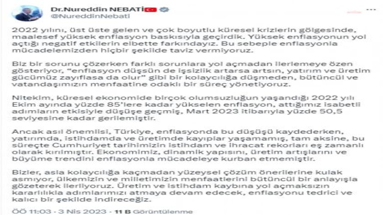 BAKAN NEBATİ: "YÜKSEK ENFLASYONUN YOL AÇTIĞI NEFATİF ETKİLERİN FARKINDAYIZ"