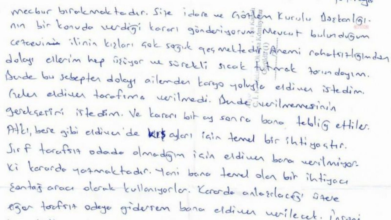 GERGERLİOĞLU, ANEMİ HASTASI MAHKÛMUN MEKTUBUNU PAYLAŞTI: “ÜŞÜYOR. ELDİVEN TALEP ETMİŞ, AİLESİNDEN. NİYE VERİLMEMİŞ? ‘YÖNETMELİKTE ELDİVEN YOK.’ BİR ELDİVENİ VERSENİZ NE OLACAK”