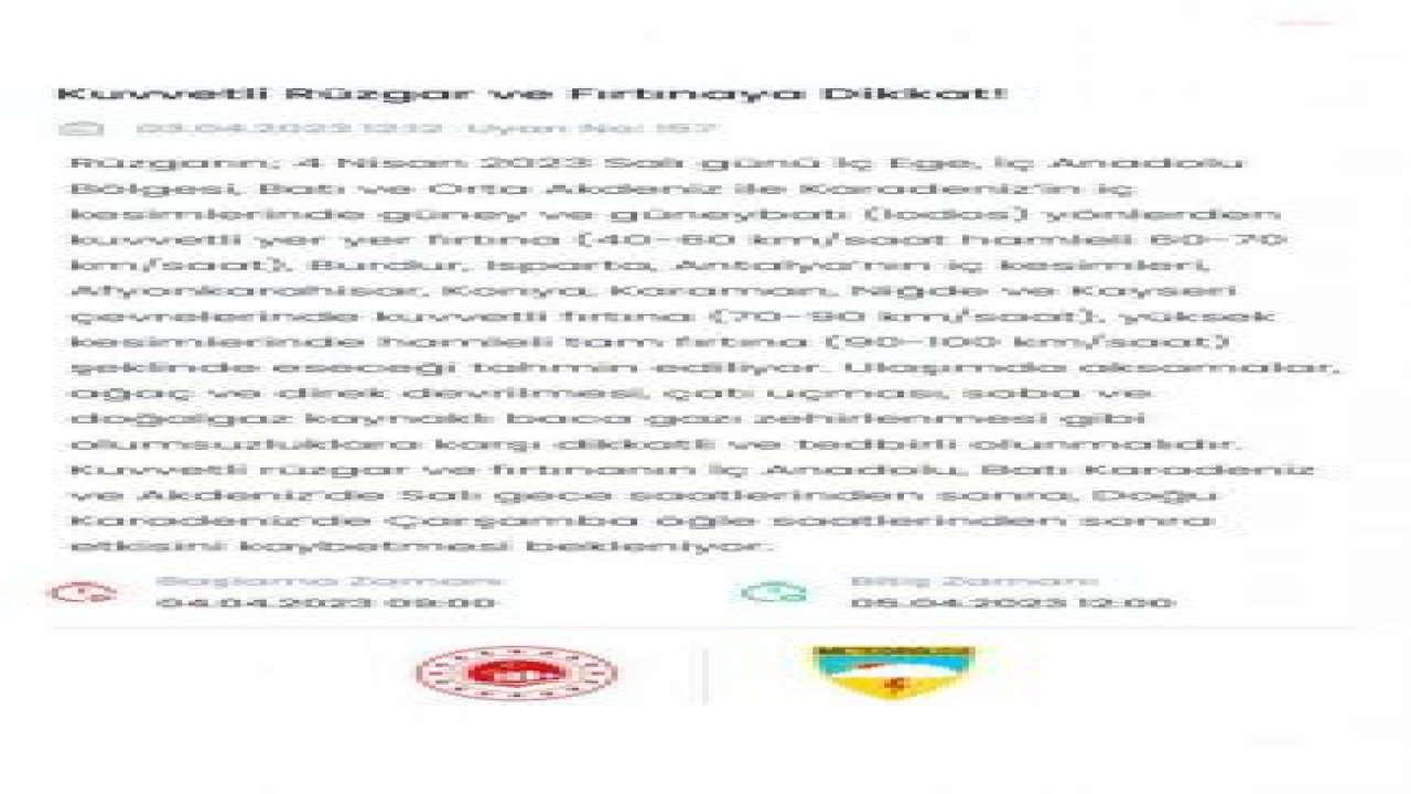 METEOROLOJİ'DEN  İÇ EGE, İÇ ANADOLU, BATI VE ORTA AKDENİZ İLE KARADENİZ'İN İÇ KESİMLERİ İÇİN KUVVETLİ RÜZGAR VE FIRTINA UYARISI