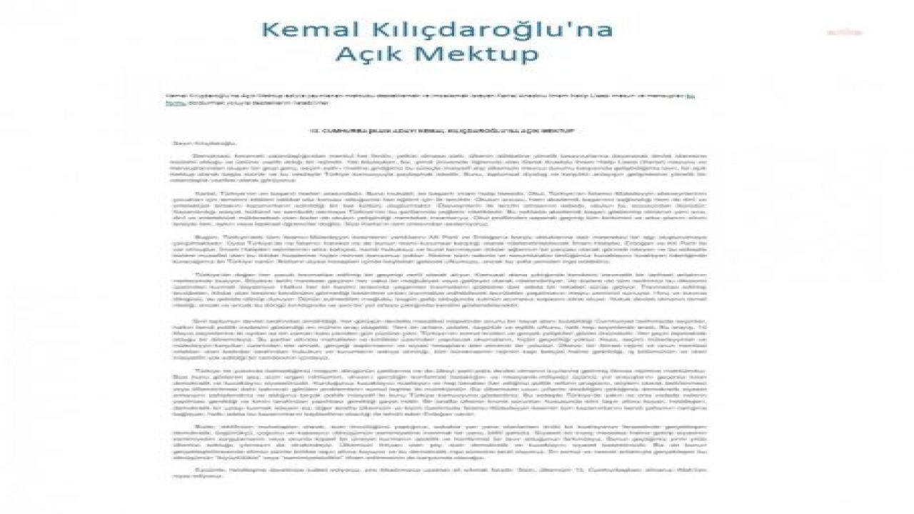 BİR GRUP KARTAL İMAM HATİP LİSESİ MEZUNUNDAN, KILIÇDAROĞLU’NA AÇIK MEKTUP: “HELALLEŞME DAVETİNİZE İCABET EDİYORUZ, 13. CUMHURBAŞKANI OLMANIZI ALLAH’TAN NİYAZ EDİYORUZ"