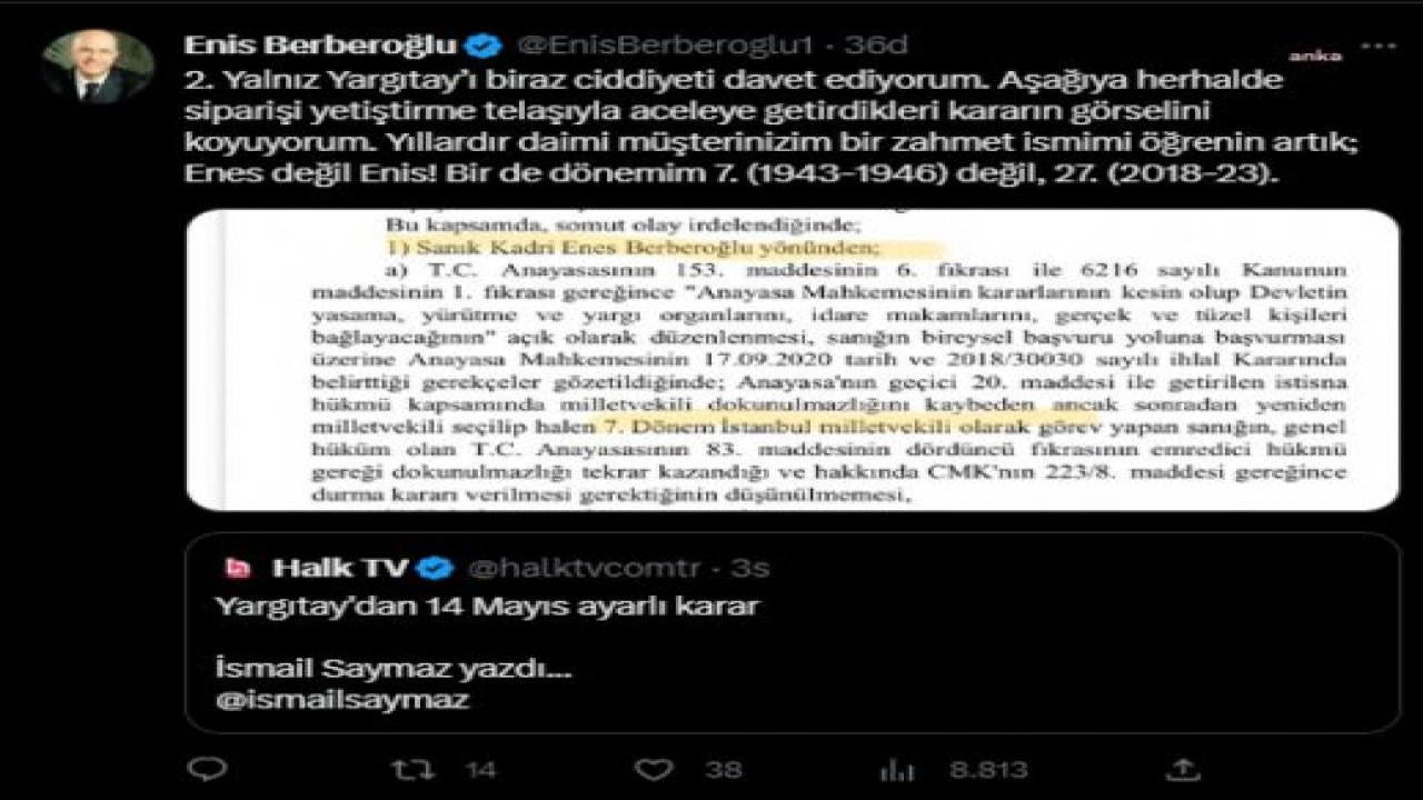 YARGITAY, MİT TIR'LARI DAVASINDA ENİS BERBEROĞLU VE ERDEM GÜL'E CEZA VERİLMEMESİ YÖNÜNDEKİ KARARI BOZDU… BERBEROĞLU: “YARGITAY, SEÇİM ARİFESİNDE YİNE BENİ UNUTMAMIŞ”