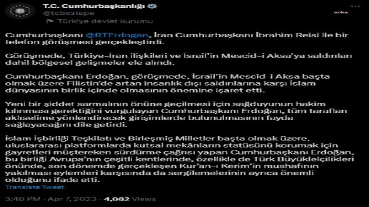 CUMHURBAŞKANI ERDOĞAN, İRAN CUMHURBAŞKANI REİSİ İLE TELEFONDA GÖRÜŞTÜ